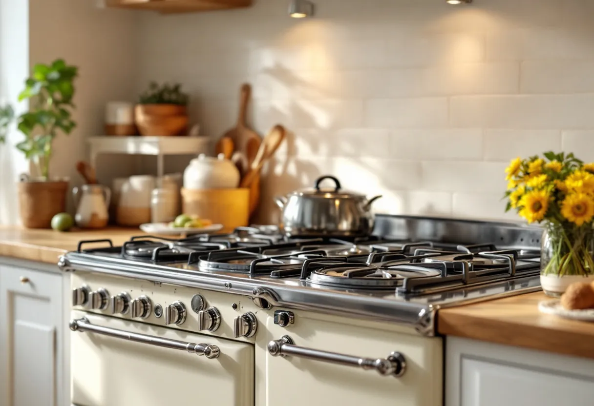 A cream enamel AGA cooker with polished chrome rails in a traditional country-style kitchen