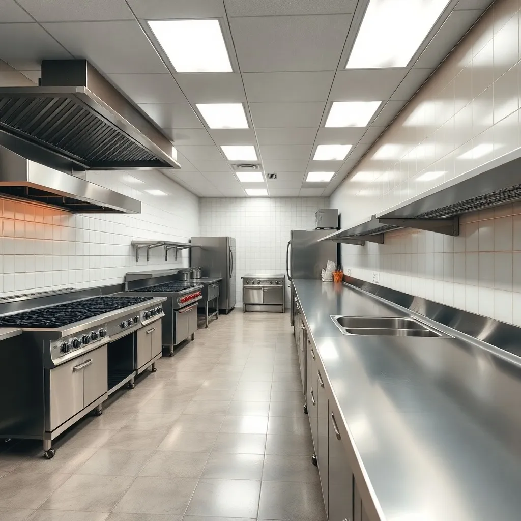 A stainless steel commercial kitchen with a clean range cooker and extractor canopy