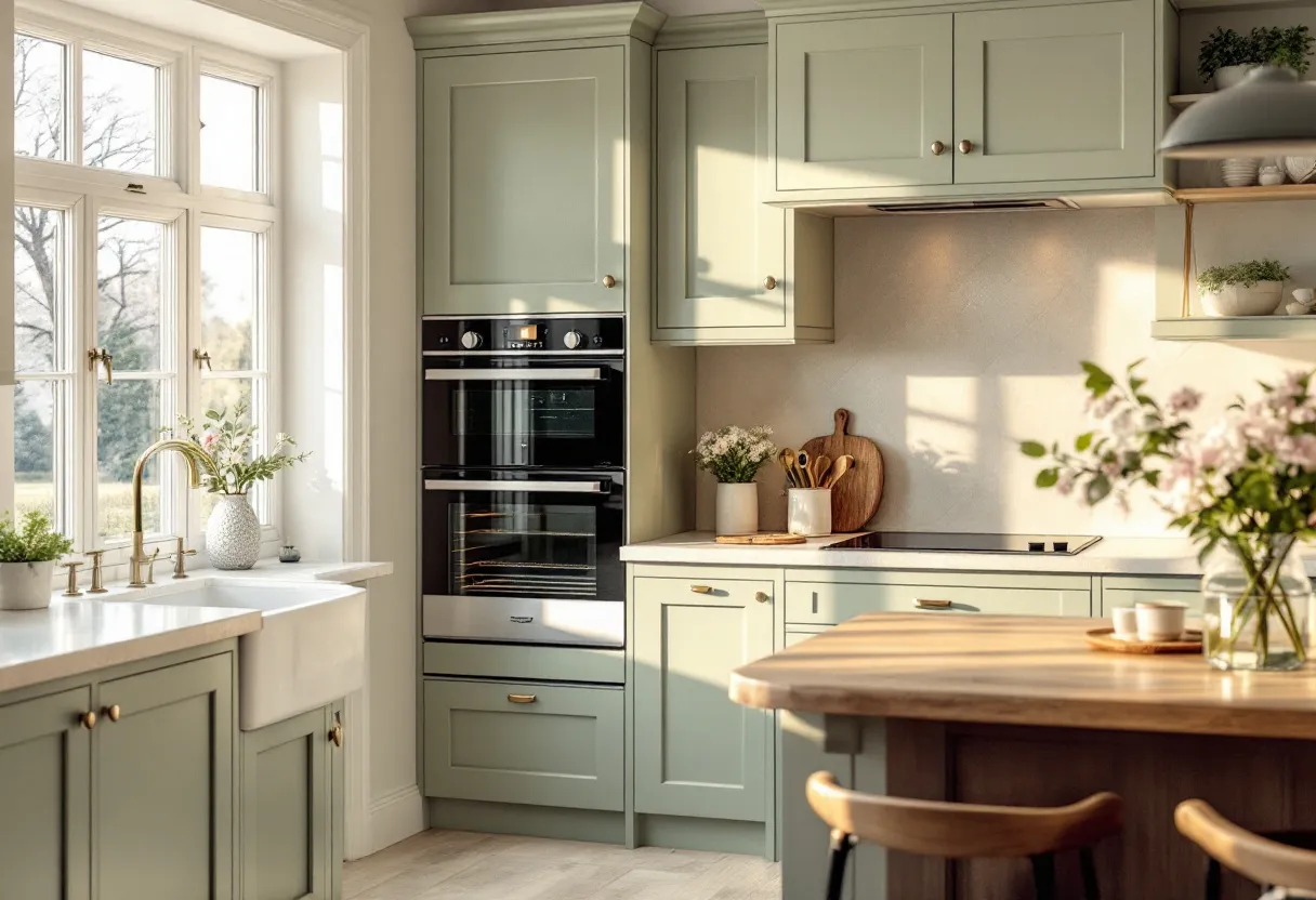 Hands in rubber gloves wiping a sparkling oven door with a soft cloth in a family kitchen